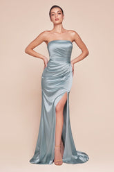 Nicolette Gown - Light Blue - STRAPLESS LUXE SATIN DRESS & SCARF