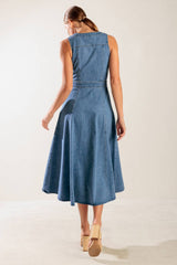 Size Medium, THE JOURNEY BEGINS BLUE DENIM MIDI DRESS - FINAL SALE