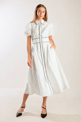 VINTAGE VIBES PUFF SLEEVE MIDI DRESS - WHITE