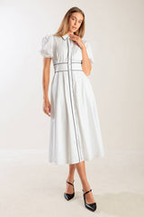 VINTAGE VIBES PUFF SLEEVE MIDI DRESS - WHITE