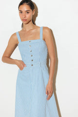 Size Small, CAREFREE DAYS - BLUE PINSTRIPE MIDI DRESS - FINAL SALE