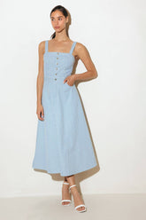 Size Small, CAREFREE DAYS - BLUE PINSTRIPE MIDI DRESS - FINAL SALE