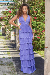 Saylor Pleated Satin Ruffle Maxi Dress - Periwinkle