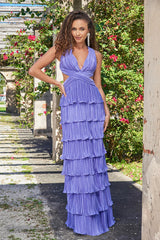 Saylor Pleated Satin Ruffle Maxi Dress - Periwinkle