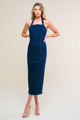 SO QUINTESSENTIAL - BODYCON HALTER DENIM MIDI DRESS