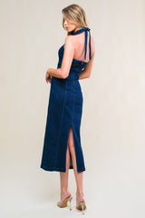 SO QUINTESSENTIAL - BODYCON HALTER DENIM MIDI DRESS