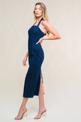 SO QUINTESSENTIAL - BODYCON HALTER DENIM MIDI DRESS