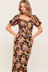 SWEET AT HEART MIDI DRESS - BLACK FLORAL FITTED DRESS