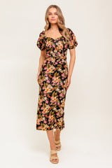 SWEET AT HEART MIDI DRESS - BLACK FLORAL FITTED DRESS