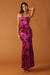 FALLING INTO PLACE - BERRY - VELVET FLORAL MAXI DRESS