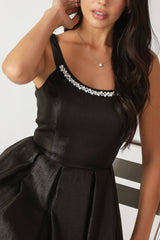 PEARL TRIM BLACK SATIN MIDI DRESS