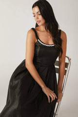 PEARL TRIM BLACK SATIN MIDI DRESS