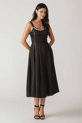 PEARL TRIM BLACK SATIN MIDI DRESS
