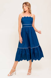 SWEET DREAMS SCALLOPED EDGE MIDI DRESS - NAVY