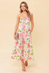 SUNDAY AFTERNOON - PINK FLORAL STRAPLESS MIDI DRESS