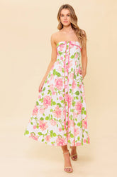 SUNDAY AFTERNOON - PINK FLORAL STRAPLESS MIDI DRESS