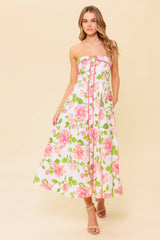 SUNDAY AFTERNOON - PINK FLORAL STRAPLESS MIDI DRESS