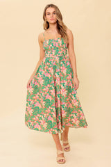 STORYTELLING - PINK & GREEN MIDI DRESS WITH POCKETS