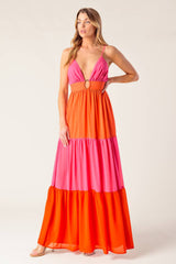 REGAL SUNRISE - PINK & RED COLOR BLOCKED MAXI DRESS