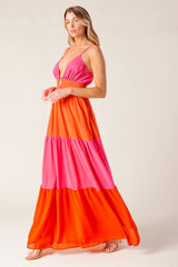 REGAL SUNRISE - PINK & RED COLOR BLOCKED MAXI DRESS