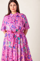 Size Medium, PETAL PRESS - PINK & PURPLE FLORAL MIDI DRESS - FINAL SALE