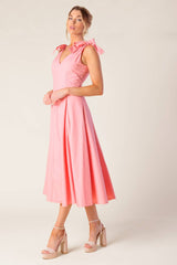 SWEET NOTHINGS SHOULDER BOW MIDI DRESS - PEACH