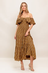 BELLE AMOUR OFF SHOULDER BROWN MIDI DRESS