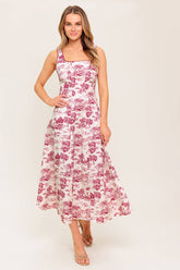 RASPBERRY ROSÉ TOILE MIDI DRESS - BERRY