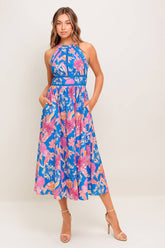 SOLANA MIDI DRESS - BLUE & PINK FLORAL HALTER DRESS