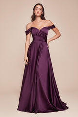 JILLIAN GOWN - EGGPLANT - A-LINE SOFT SATIN OFF THE SHOULDER DRESS