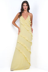 Remi Yellow Maxi Dress - Halter Neck, Open Back & Ruffle Detail