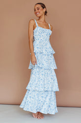 Molly Maxi Dress - Blue Floral Tiered Dress with Bow