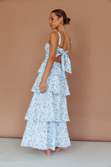 Molly Maxi Dress - Blue Floral Tiered Dress with Bow