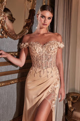 Rosaline Gown - Champagne - FLORAL OFF THE SHOULDER GOWN