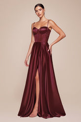 SELMA GOWN - BURGUNDY - A-LINE LUXE SATIN BUSTIER DRESS