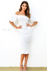 Skyla Shirred Midi Dress - WHITE