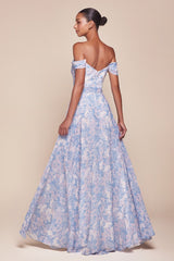 TILDA GOWN - BLUE - OFF THE SHOULDER FLORAL PRINTED A-LINE DRESS