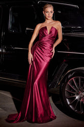 Vaughn Gown - Burgundy - STRAPLESS SATIN DRESS