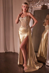 Teagan Gown - Gold - FITTED SATIN & LACE DRESS