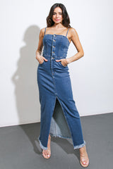 Size Small, ENDLESS HORIZONS - FRONT BUTTON DENIM MIDI DRESS -FINAL SALE