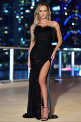 Size Small, Oksana Gown - Feather Trim Sequin Dress - Black - FINAL SALE