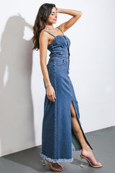 Size Small, ENDLESS HORIZONS - FRONT BUTTON DENIM MIDI DRESS -FINAL SALE