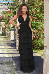 Saylor Pleated Satin Ruffle Maxi Dress - Black