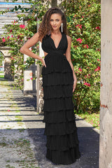 Saylor Pleated Satin Ruffle Maxi Dress - Black