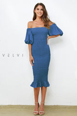 Skyla Shirred Midi Dress - Navy