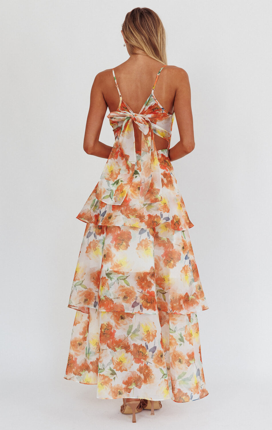 Makenna Maxi Dress - Orange - Floral Organza Tiered Dress