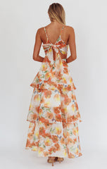 Makenna Maxi Dress - Orange - Floral Organza Tiered Dress
