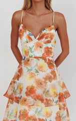 Makenna Maxi Dress - Orange - Floral Organza Tiered Dress