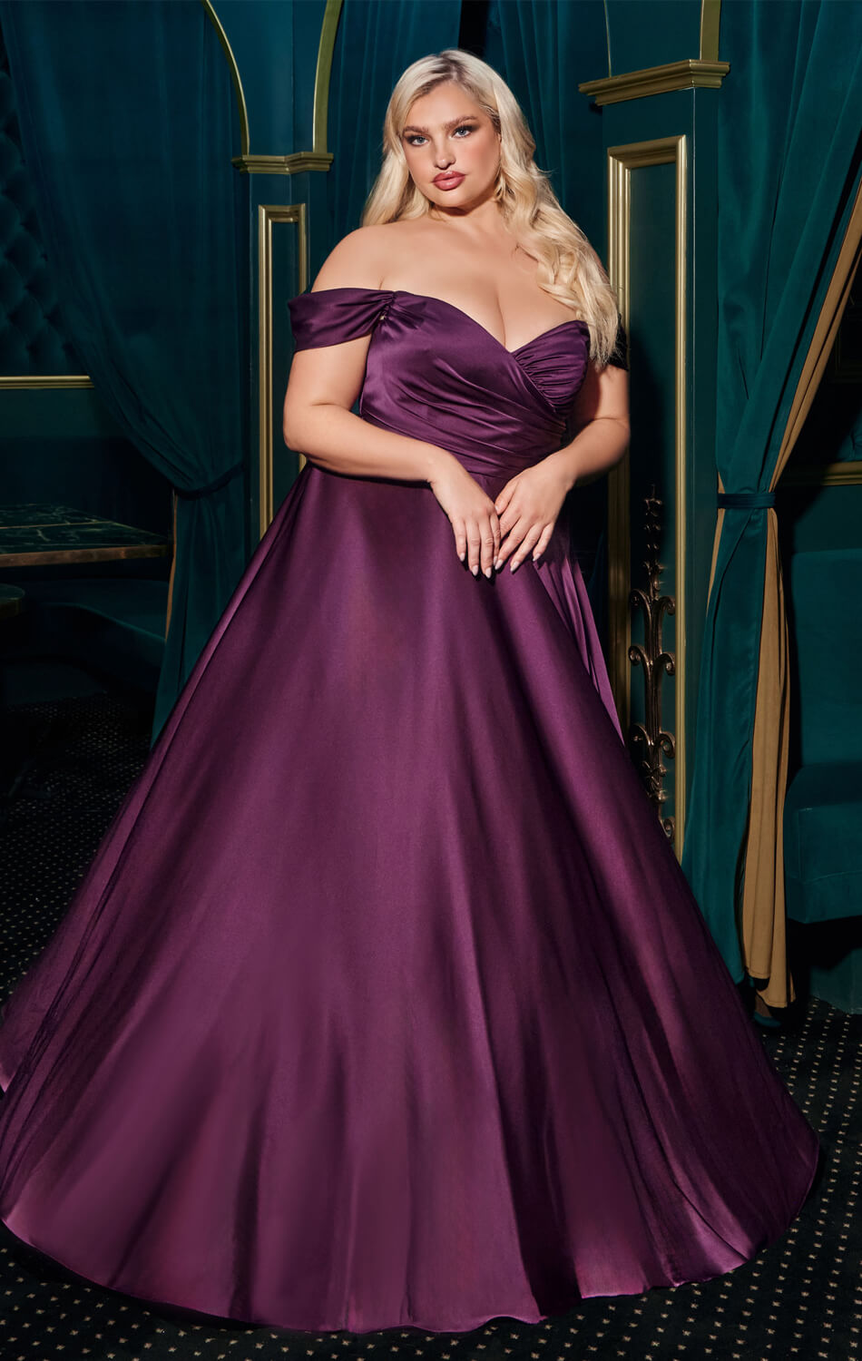 JILLIAN GOWN - EGGPLANT - A-LINE SOFT SATIN OFF THE SHOULDER DRESS
