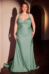 AUTUMN GOWN - DARK SAGE - STRETCH SPANDEX SATIN HALTER FITTED DRESS
